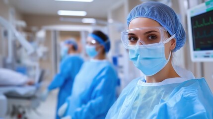 A healthcare professional in protective gear, including a mask and goggles, stands in a medical facility, emphasizing safety and care.