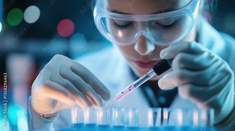 Poster a focused scientist in goggles and gloves uses a pipette to transfer liquid into test tubes in a lab