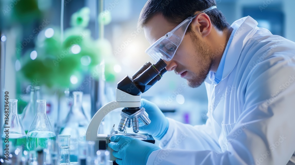 Poster a scientist examines samples under a microscope in a modern laboratory filled with glassware and gre