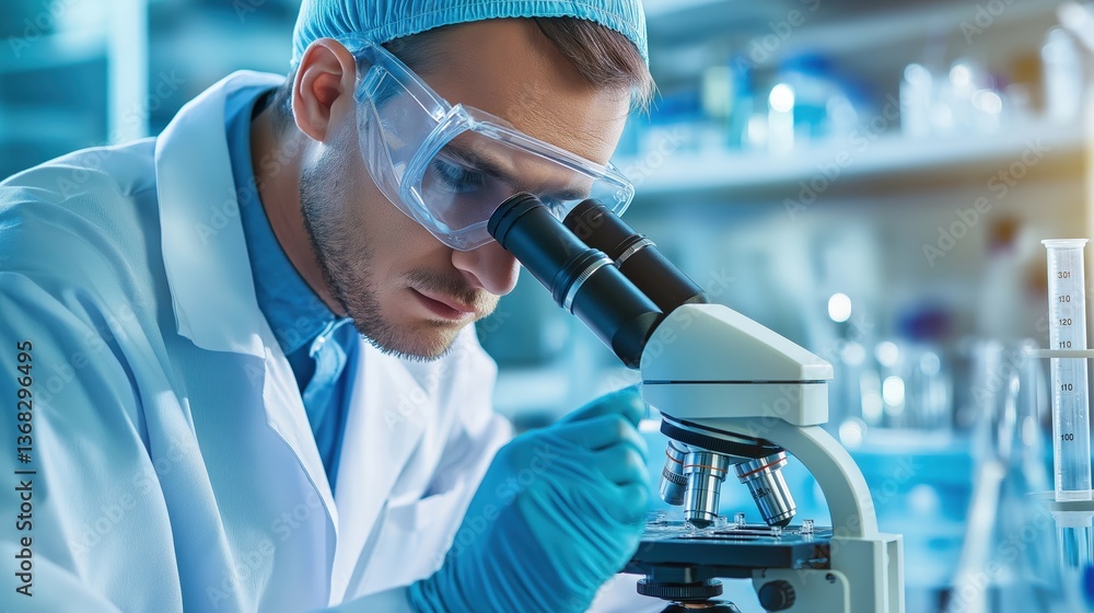 Poster a focused scientist examines samples under a microscope in a laboratory, showcasing a high-tech envi