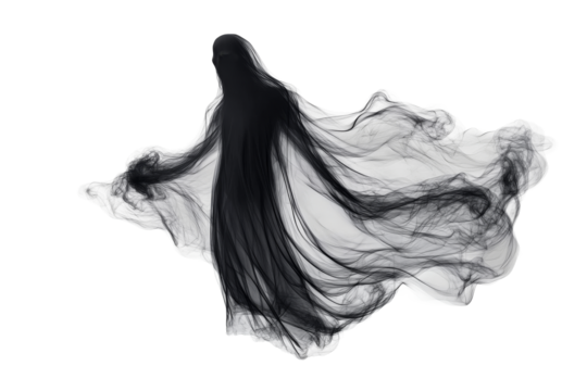 Dark ghost illustration, fantasy figure with veil, flow, spooky background, cut out transparent