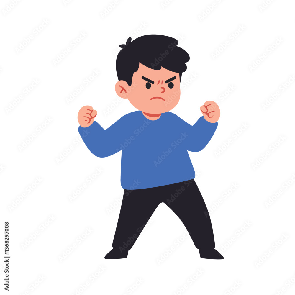 Poster angry boy character in flat design style showcasing emotions in vector art