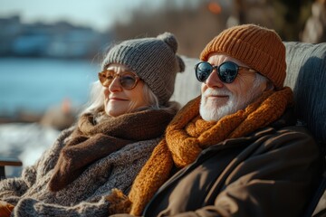 Elderly couple enjoying a cozy winter day by the lake wearing warm clothing and sunglasses in a serene outdoor setting