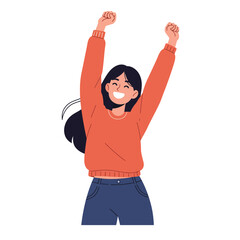 Happy woman celebrating with raised arms in flat vector illustration