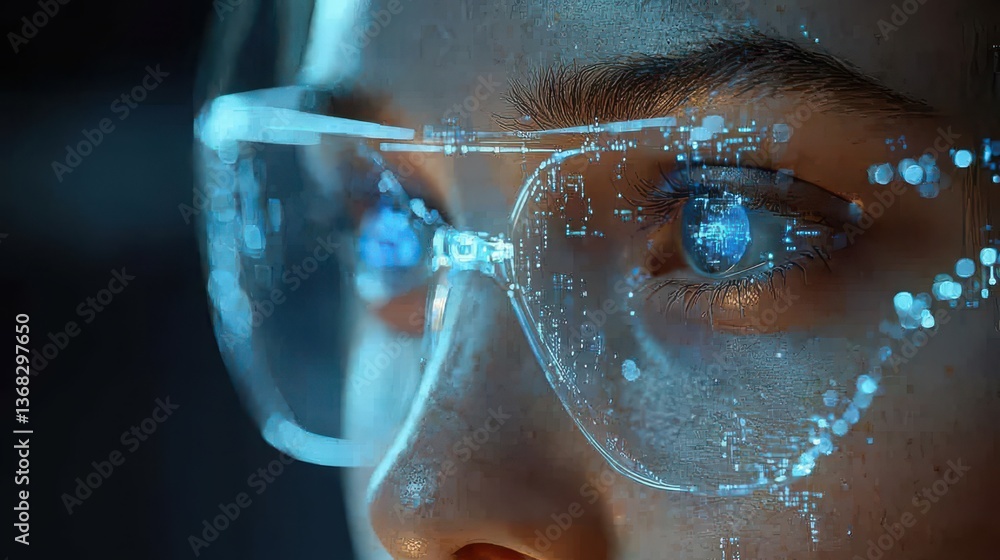Poster close-up of an individual wearing high-tech glasses with futuristic data projections for ai adaptati