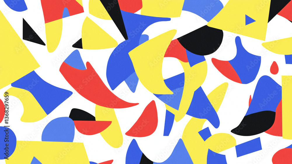 Poster a colorful pattern of angular fragmented shapes layered with bold primary and secondary colors creat