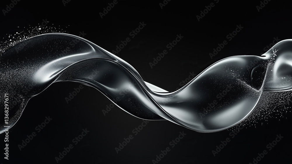 Poster silver wavy pattern on black background with reflective effect for modern design