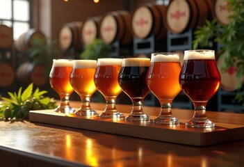 artistic display assorted craft beer flights unique glassware connoisseurs fun tasting experience, brew, pint, ale, pilsner, lager, brewery, parlor
