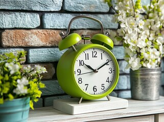 Cute green alarm clock and a white wooden calendar on a brick wall background, close-up. Spring concept. Winners of the stock photo contest. 
