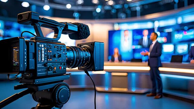 Professional news anchor standing in modern TV studio with camera and LED screens