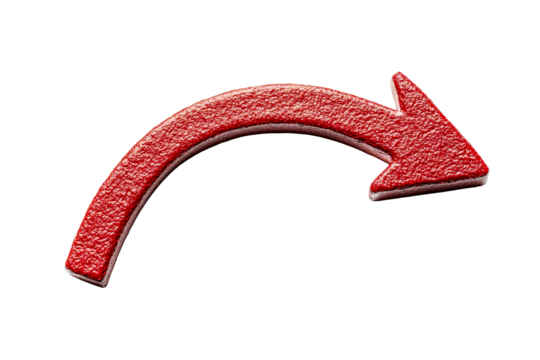 Turn right red arrow, textured pattern, curve pointing ,cut out transparent