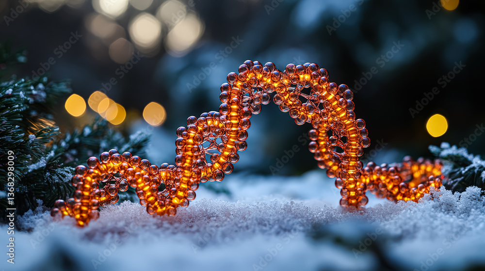 Aufkleber long, twisted, orange string of beads is on top of a snowy ground. the string is lit up, creating a 