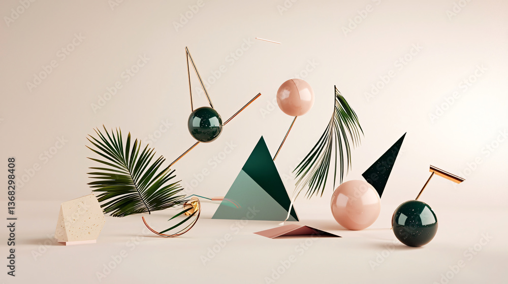 Poster a group of different objects featuring angular geometric figures arranged in an energetic evening se