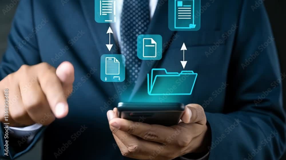 Poster Businessman using smartphone with document icons for data management and transfer concept