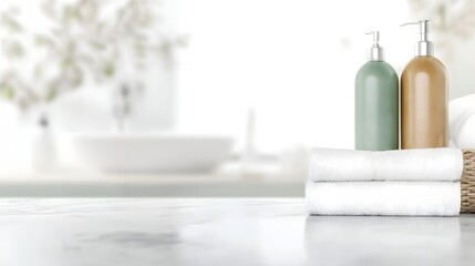 Cozy and luxurious bathroom interior with a sleek marble counter soft white towels in a woven basket and elegant ceramic toiletry bottles