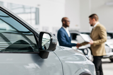 An auto dealer closes a deal or a successful consultation with a handshake with an African-American...