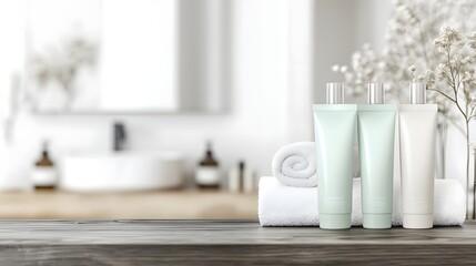 An arrangement of hotel style bathroom toiletry tubes and towels displayed on a dark wooden surface showcasing a clean minimalist and elegant design with soft natural lighting