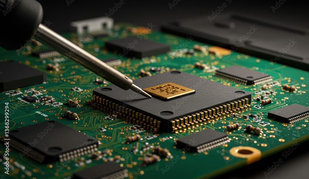 Poster electronics technician soldering microprocessor on green circuit board in modern technology workspac