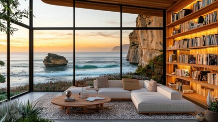 Fototapeta premium Breathtaking sunset view over the ocean captured from a spacious and elegantly designed coastal living room with a cozy couch wooden bookshelves and large offering a panoramic scenic outlook