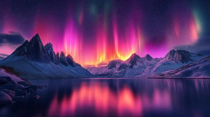 Aurores boréales au-dessus d’un lac et de montagnes © galam