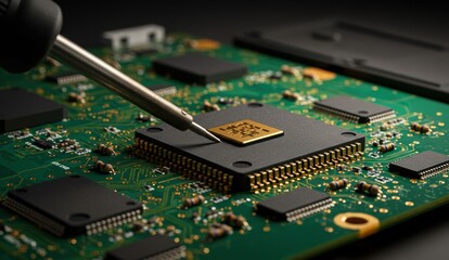 Electronics technician soldering microprocessor on green circuit board in modern technology workspace. Innovation, engineering.