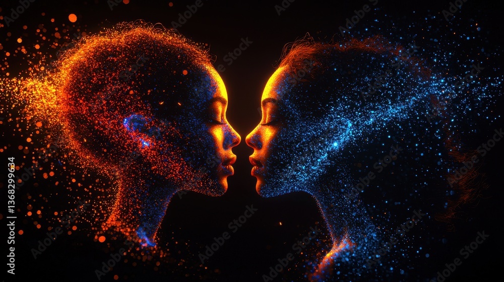 Poster artistic representation of two profiles merging in an ethereal blaze of colors and particles illustr