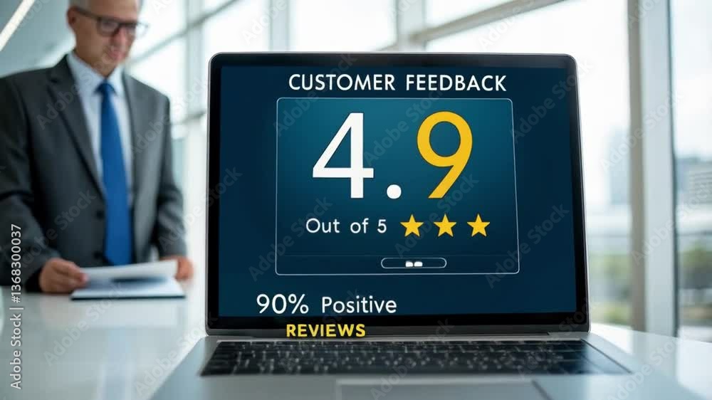 Poster Man in suit looking at laptop displaying customer feedback with high rating and positive reviews