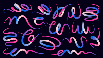 Set of Hand Drawn Abstract Wavy Lines and Scribble Sketches with Vibrant Colors on a Black Background. Playful geometric fluid organic shapes isolated. Trendy colorful freehand line doodles.