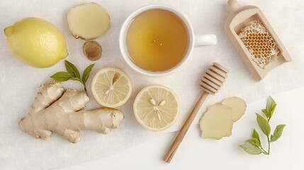 A warm and comforting cup of ginger tea accompanied by slices of fresh ginger lemon honeycomb and cinnamon sticks