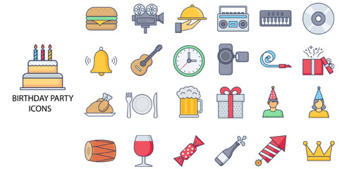 Birthday simple concept 28 color icons set. Contains such Birthday cake, anniversary celebration, cocktail, decoration, clown, catering, surprise firework, balloon .Vector illustration.