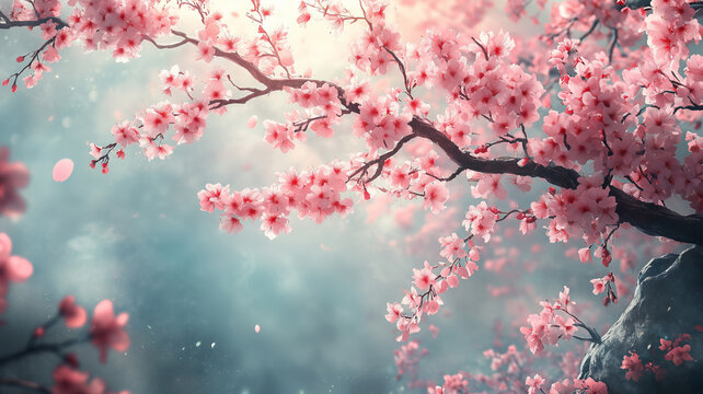 Delicate cherry blossoms dance in the soft morning light of springtime