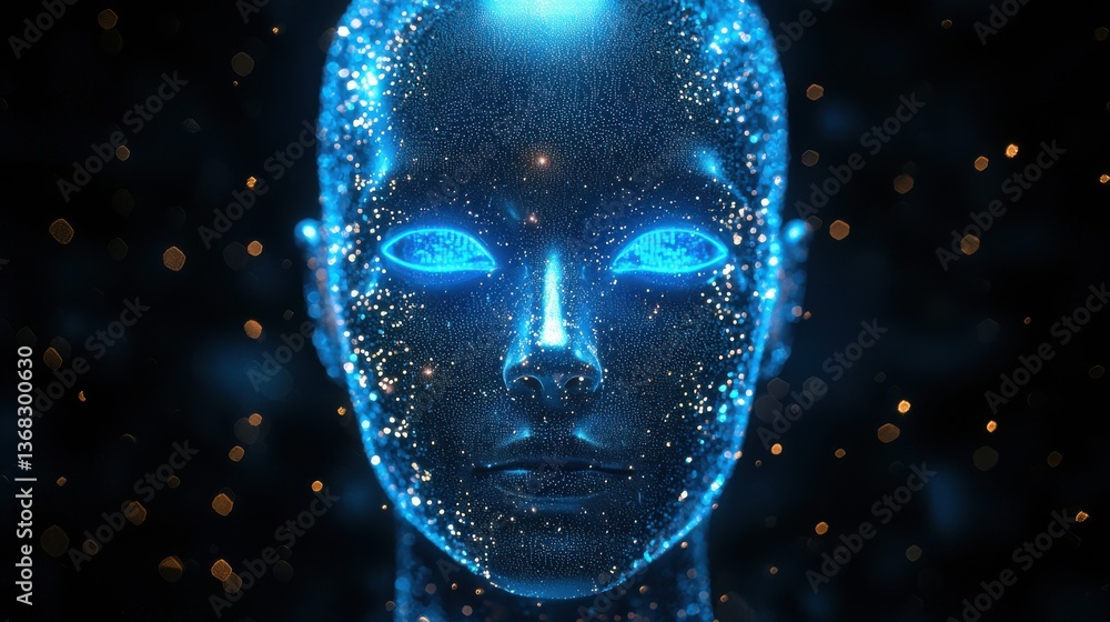Aufkleber futuristic ai model representing language adaptability with sparkling effects and glowing eyes