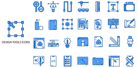 Design Tools simple concept 24 color icons set. Contains such computer graphic, pattern, pencil, eraser, graffiti .Vector illustration.