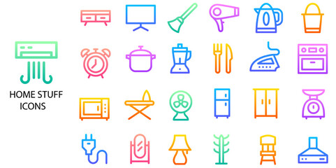 Home Stuff simple concept 24 color icons set. Contains such furniture, bunkbed, chandelier, dining table .Vector illustration.
