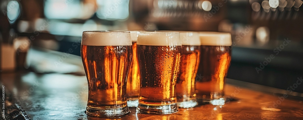 Poster cold craft beer pints resting on bar counter in brewery