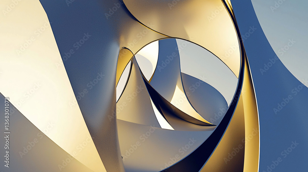 Poster spiral sculpture composed of angular -edged shapes intertwined with soft flowing curves creating an 