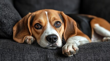 Fototapeta premium Relaxed Beagle Dog Resting on Soft Couch with Cozy Atmosphere