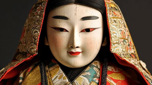 Traditional Japanese doll features intricate detailing and vivid colors