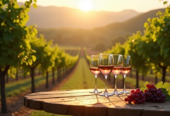Fototapeta premium elegant wine glasses vineyard backdrop wine tasting refinement grapes countryside scenic nature, landscape, reflection, cheers, chardonnay, merlot, pour