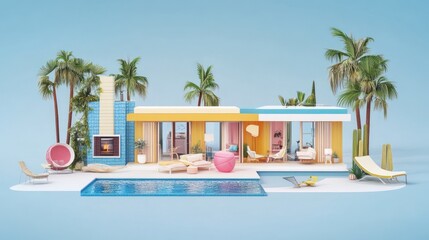 A colorful and luxurious villa with a pool and palm trees