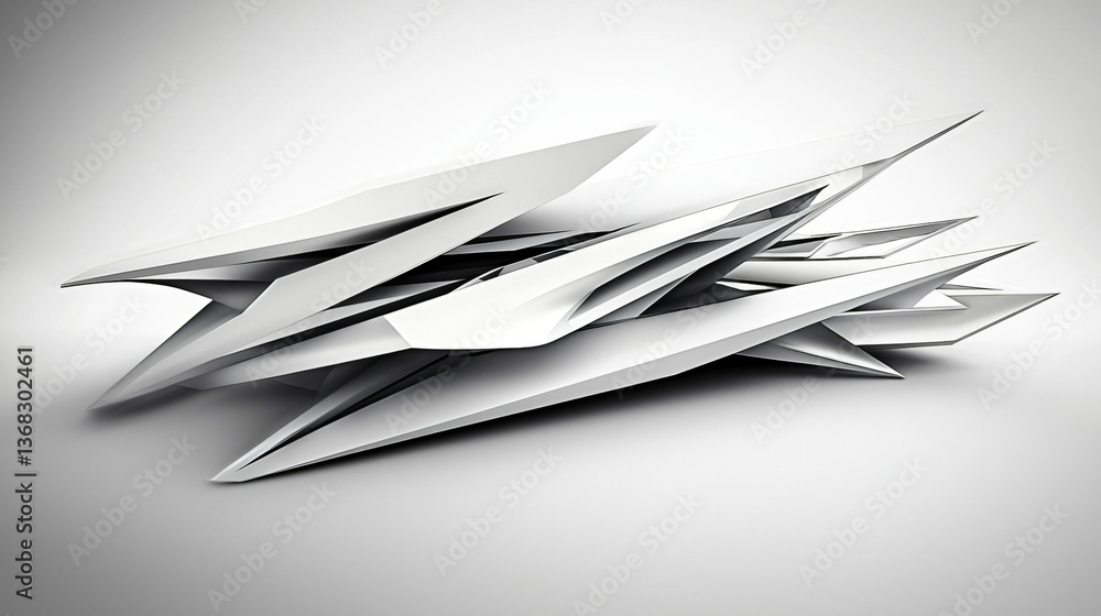 Poster white object casting a shadow on a surface showcasing angular -edged shapes and soft flowing curves 