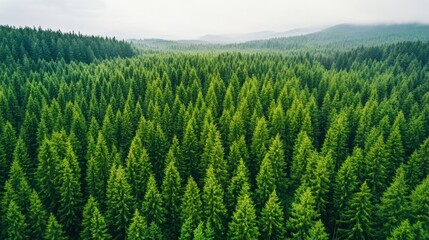 Obraz premium A lush green forest stretches across the landscape, showcasing dense coniferous trees under a cloudy sky, creating a serene and tranquil atmosphere.