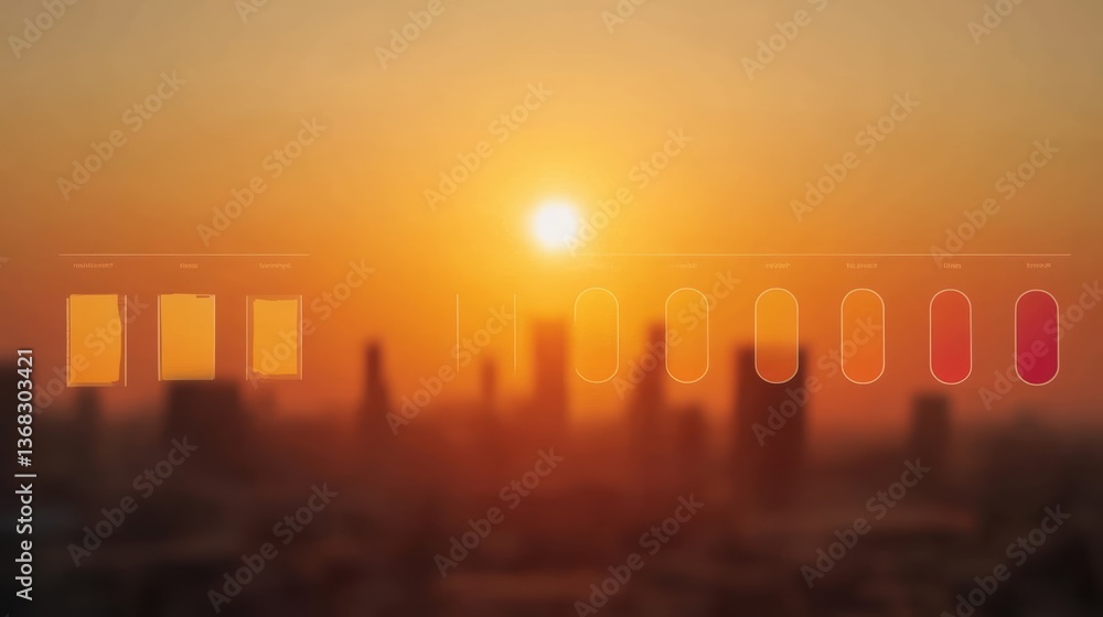 Poster a sunset view over a city skyline with a gradient color palette displayed, showcasing the transition