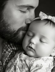 Heartwarming moment of a father kissing his newborn baby in tender embrace