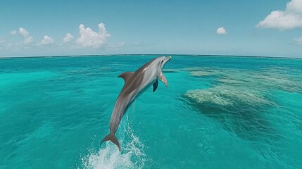 Fototapeta premium A dolphin leaps joyfully above the turquoise ocean waters under a blue sky