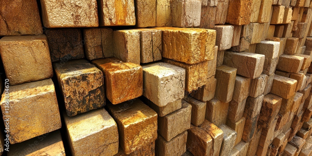 Poster a wall of brown bricks with a few of them missing. the bricks are stacked in a way that they look li