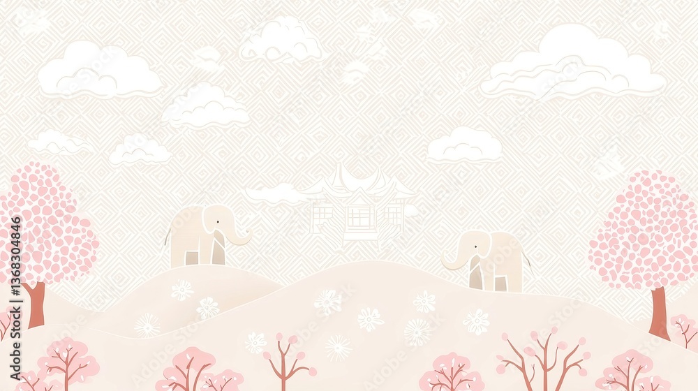 Poster chiang mai essence, thai fabric design featuring subtle mountains and elephants in a diamond grid pa