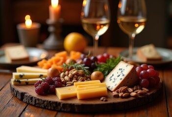 exquisite cheese platter wine selection arrangement charcuterie board artisan cheeses grapes nuts dried fruits crackers gourmet dining culture, tasting, table