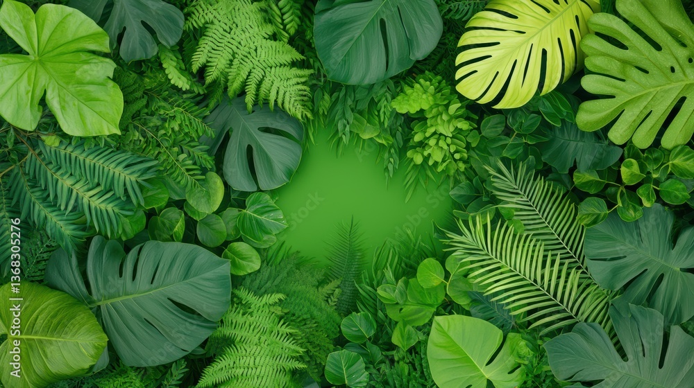 Poster a vibrant arrangement of various green leaves creating a lush, tropical backdrop with a central empt