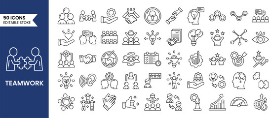 Teamwork icons set in line style. Business team working, collaboration, team building and more. Vector illustration